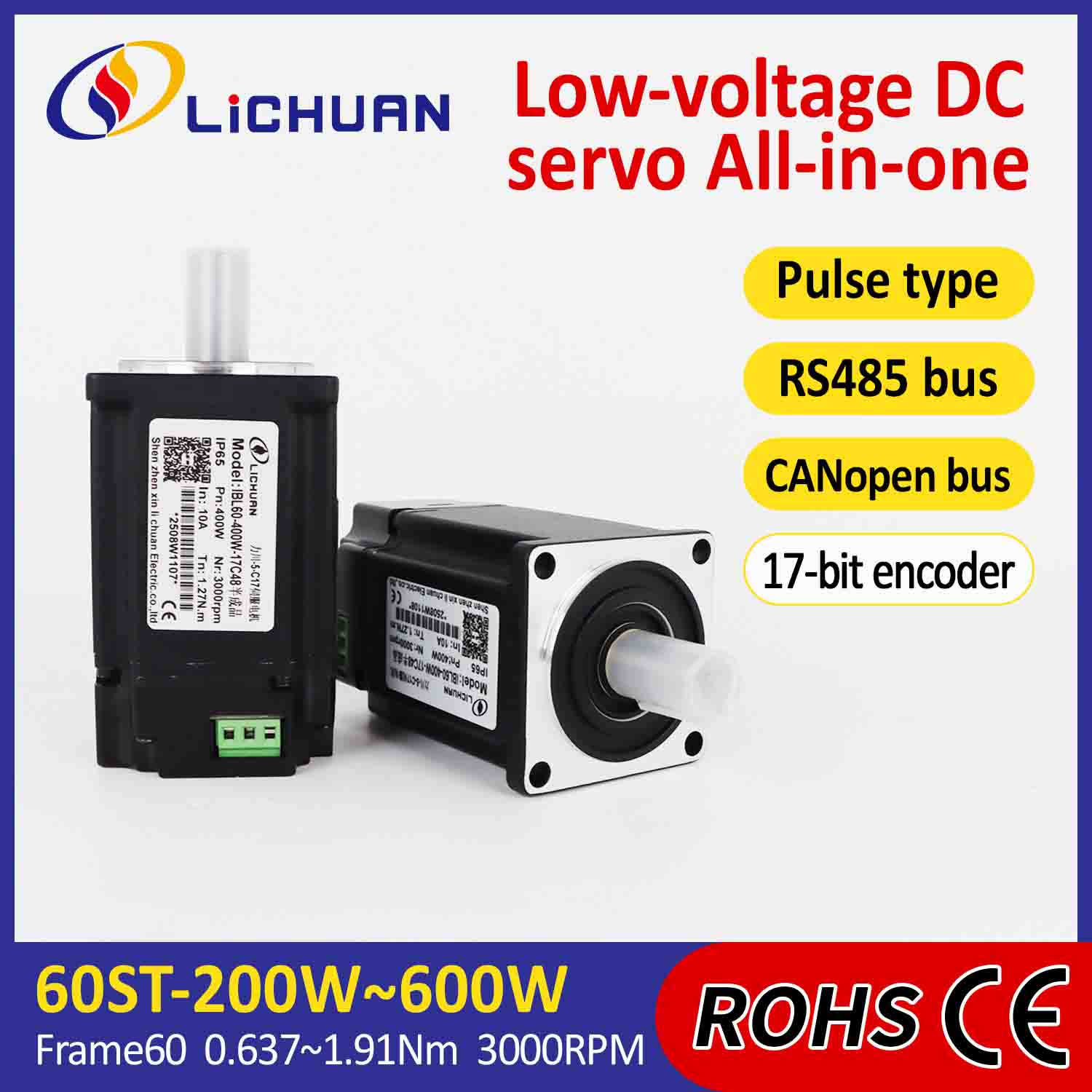 Lichuan интегриран серво мотори драјвер Pulse/RS485/CANopen Control 600W 1.91N.m DC24/48V 6/10/12/15A 3000RPM IP65